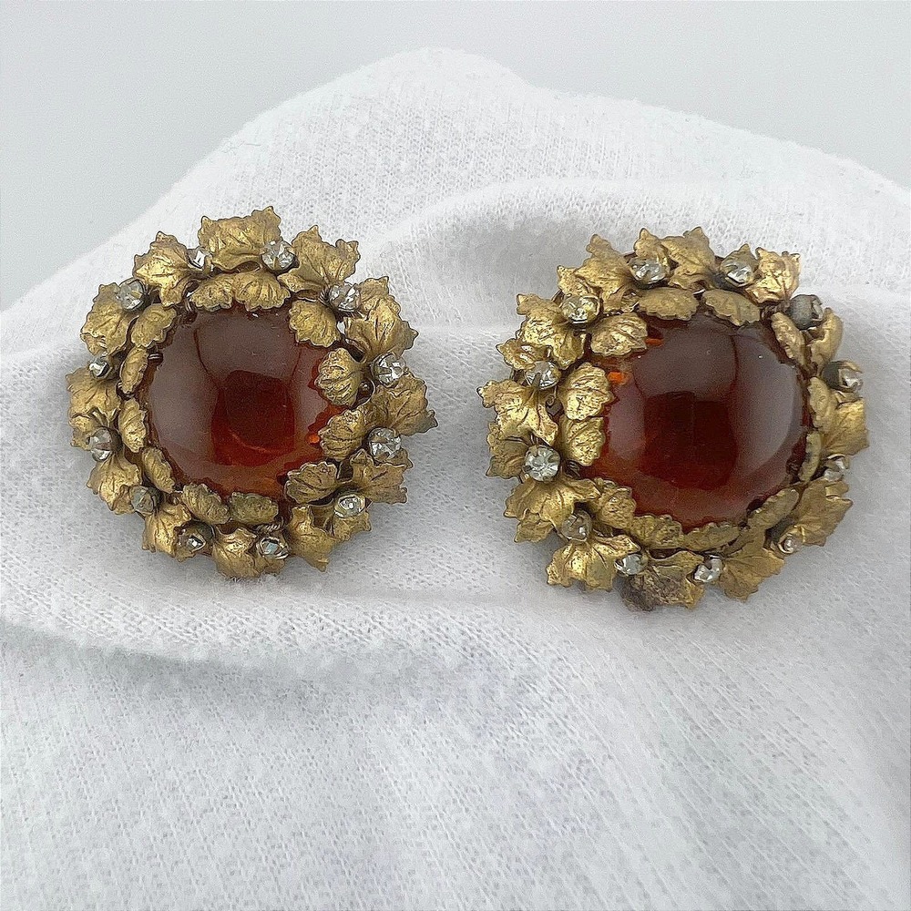 Vintage 1960s Miriam Haskell Amber Glass Rhinestone Leaf Clip On Earrings